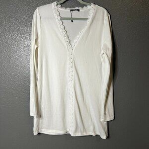 Sheilay Large White Crochet Lace Trim V-Neck Tunic Top Boho